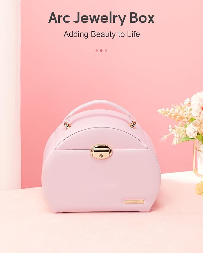 Homde Girls Jewelry Box Jewelry Storage Case Organizer with Mirror for Rings, Earrings, Bracelets, Necklaces (Light Pink + Gold)