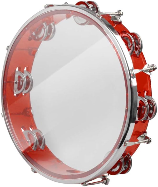 ENNBOM Tambourine Adjustable Tone Hand Drum Double Row Metal Jingles Hand Bell Performance Level Handheld Percussion (Red)