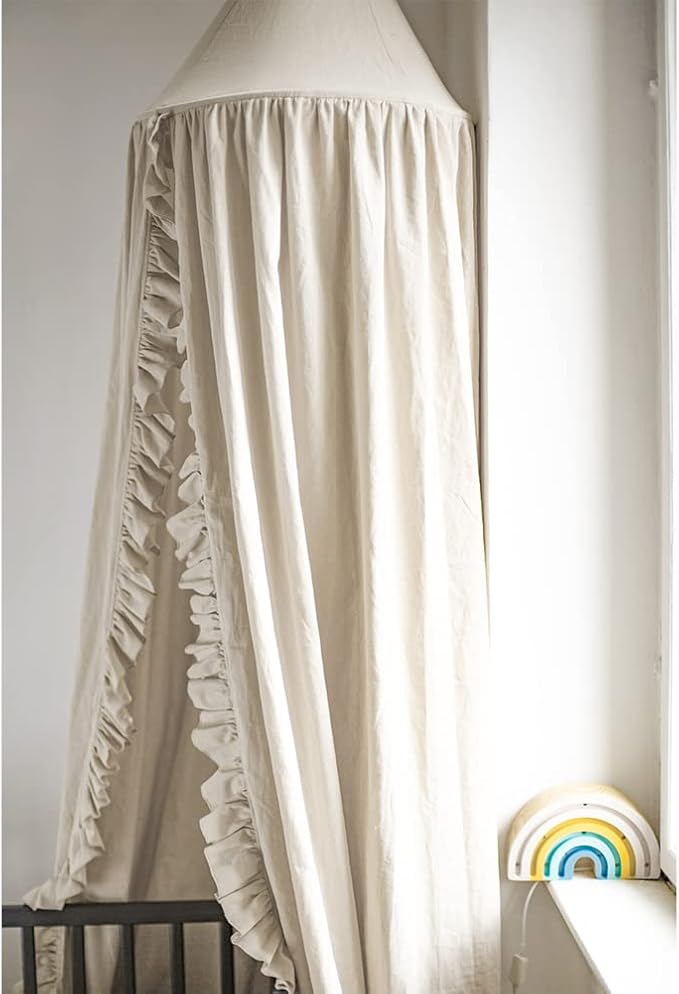 Bed Canopy with Frills Reading Nook Game Tent for Kids Boho Hanging Net Play Room Decor(Beige)