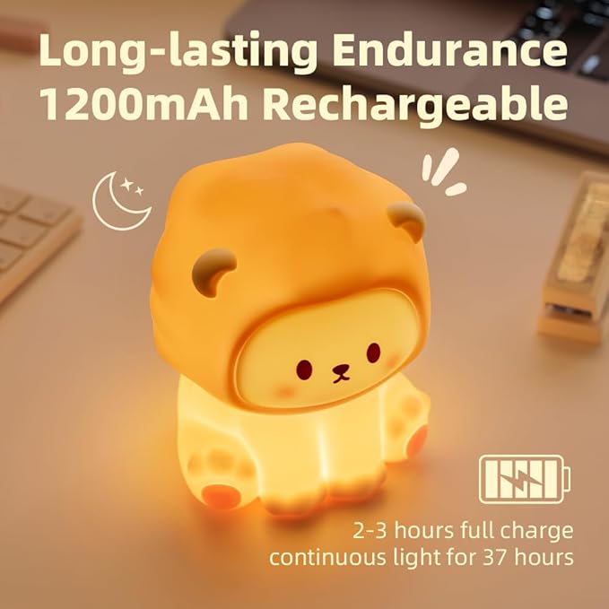 Cute Lion Night Light for Kids, Rechargeable Nursery Lamp with Timer, 3 Brightness Levels & Warm Light, Soft Silicone Baby Night Light, Tap Control, Gift for Toddlers