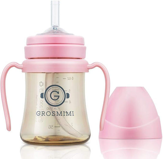GROSMIMI Spill Proof no Spill Magic Sippy Cup with Straw with Handle for Baby and Toddlers, Customizable, PPSU, BPA Free 6 oz (Pink)
