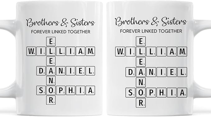 Family Forever Linked Together Custom Names Ceramic Mug, Crossword Puzzle Art, for Birthday, Anniversary or Special Occasions (Brothers & Sisters Forever Linked Together White Mug Ver 1)
