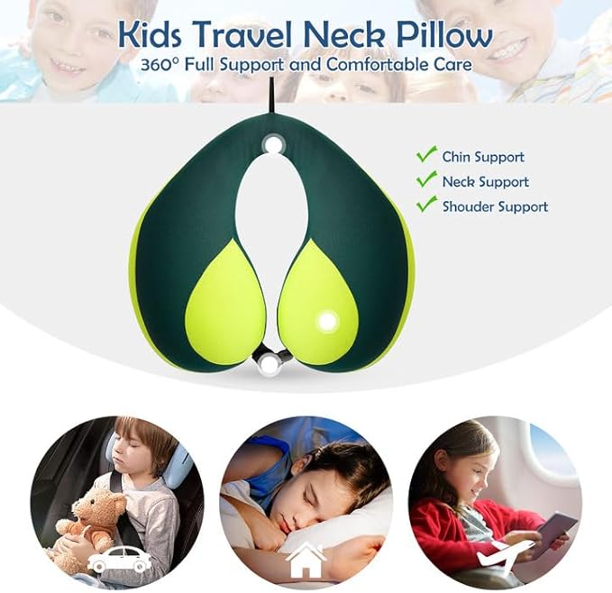 MOOB Neck Pillows for Kids Car & Airplane, Toddler Neck Pillow for Carseat Traveling Gifts for Toddler & Children U-Shape Car Seat Head Travel Neck Pillow Green