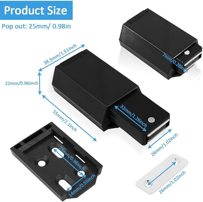 Heavy Duty Push to Open Door Latch, 2 Pack Black Magnetic Push Latches, Hidden Push Touch Latch Hardware for Push to Open Cabinet, Magnetic Door Catch for Cabinet Drawer Wardrobe Kitchen Door