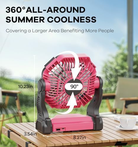 15000mAh Portable Battery Powered Camping Fan - with LED Light, Quiet Battery Operated, Camping Gear for Travel, Tent, Beach, Car or Hurricane Power Outages, Pink