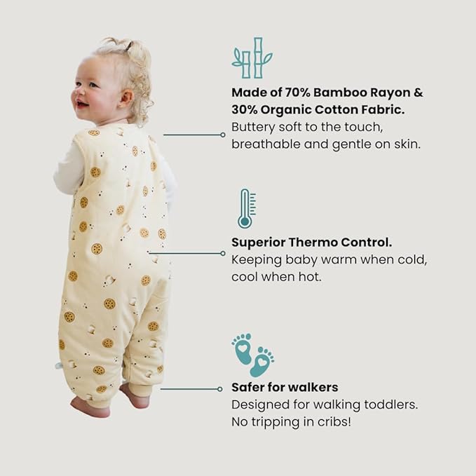 Tealbee Dreamsuit: Toddler Sleep Sack with Feet 2T 3T - 1.5 TOG Winter Baby Wearable Blanket for Walkers - Rayon made from Bamboo, Organic Cotton Sleep Bag - Cookies