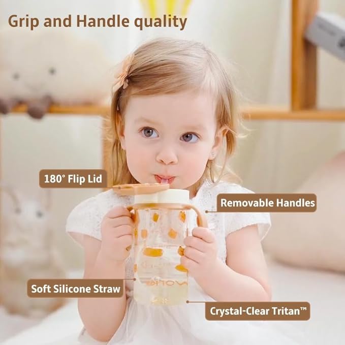 Evorie Tritan Spill Proof Toddler Straw Sippy Cup, 10 oz for Baby and Toddlers 1-3 Years Old, No Spill Straw Water Bottle with Removable Handles, Ideal for School, BPA-Free, Honey Bear