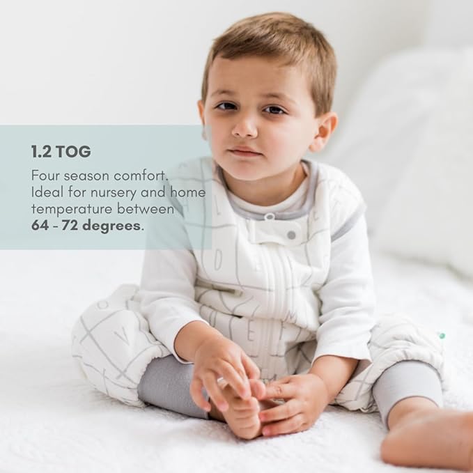 Tealbee Dreamsuit: Toddler Sleep Sack with Feet 12-18 months, 18-24 months - 1.2 TOG All Season Baby Wearable Blanket for Walkers - Rayon made from Bamboo, Organic Cotton Sleep Bag (12m-2T) - Alphabet