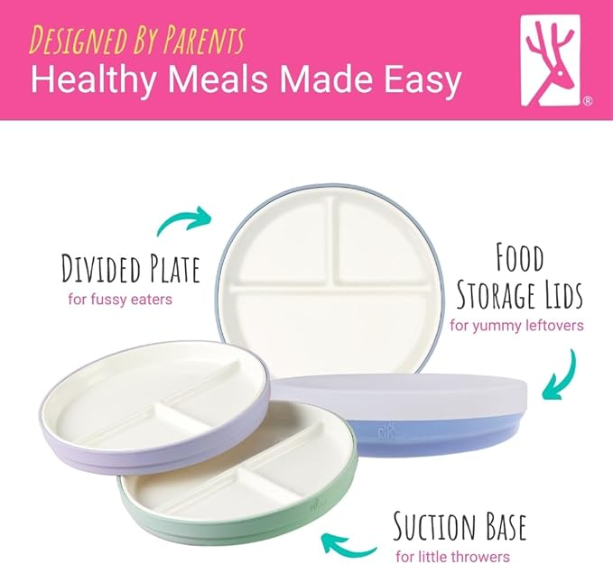 Elk and Friends Kids 6.7” Porcelain Divided Plates with Silicone Suction Sleeves + Silicone Lids | Suitable for Babies/Kids/Toddlers | Microwave & Dishwasher Safe | Non Slip | Snack Dishes | 4 Pack