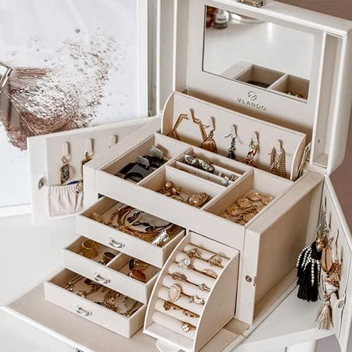 Vlando Jewelry Box Organizer for Girls Women, Large Vintage Jewelry Storage Box with Mirror, Drawers for Bracelets, Earrings, Rings, Necklaces, Mothers Day Gifts for Loved One, White, Regular