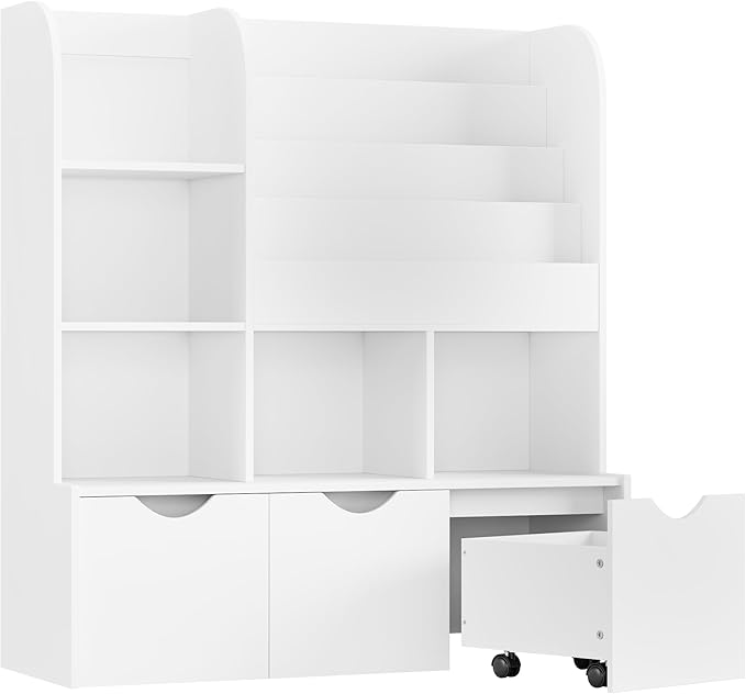 FOTOSOK 47'' Kids Bookcase and Bookshelf, Multifunctional Bookcase with 5 Storage Cubbies and 3 Movable Drawers, Toy Storager Display Stand, Toy Storage Organizer for Bedroom, Playroom, Hallway, White