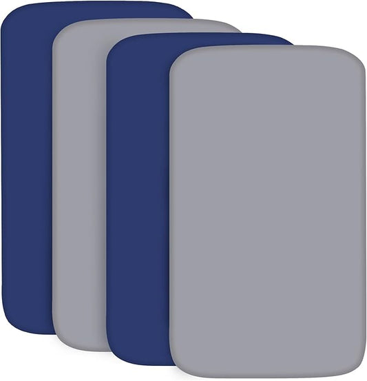 4-Pack Fitted Pack and Play Sheets for Boys and Girls - Breathable, Soft Microfiber Baby Sheets in Grey and Navy