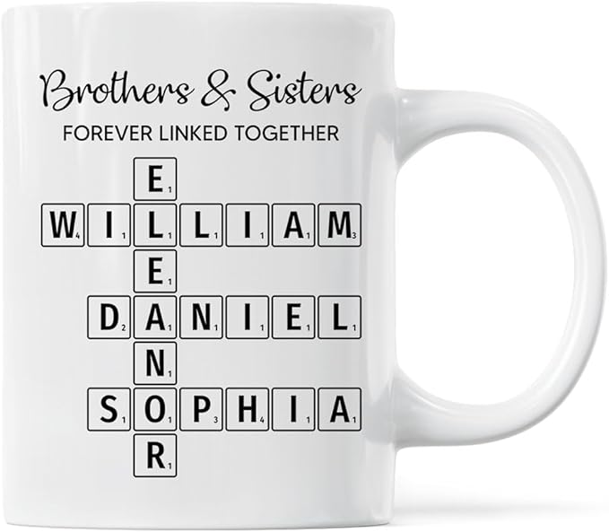 Family Forever Linked Together Custom Names Ceramic Mug, Crossword Puzzle Art, for Birthday, Anniversary or Special Occasions (Brothers & Sisters Forever Linked Together White Mug Ver 1)