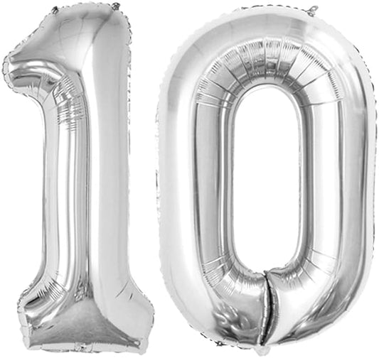 GOER Number 10 Balloons for 10th Birthday Party Decorations,42 Inch Jumbo Foil Helium Balloons for 10th Anniversary (Silver)