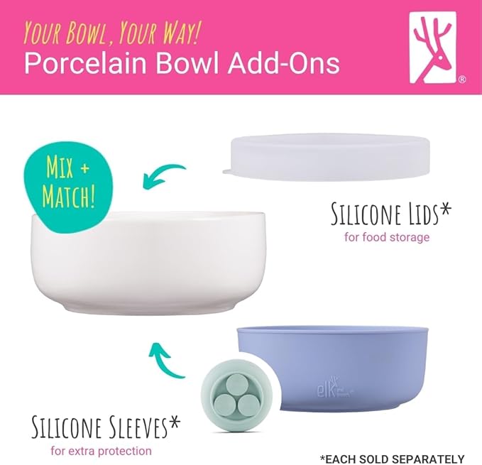 Elk and Friends Kids Porcelain Bowls| Kids/Toddler/Baby Feeding | Microwave & Dishwasher Safe | Non slip | Cereal/Soup/Snack Dishes & Dinnerware | 2 Pack