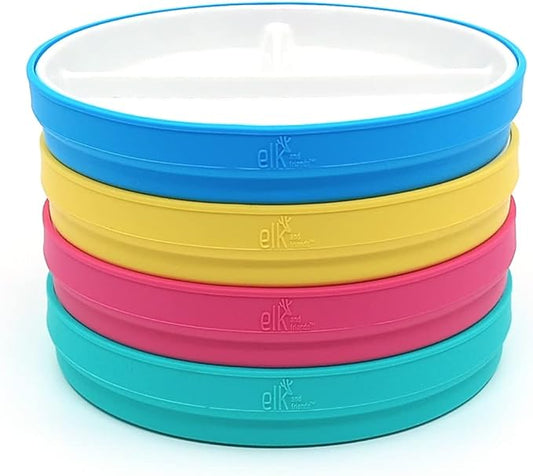 Elk and Friends Kids 6.7” Porcelain Divided Plates with Silicone Sleeves | Suitable for Babies/Kids/Toddlers | Microwave & Dishwasher Safe | Non Slip | Snack Dishes