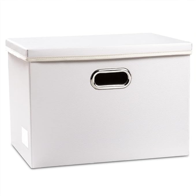 PRANDOM Large Collapsible Storage Box with Lid [1-Pack] Leather Fabric Foldable Storage Bin Organizer Container Basket Cube with Cover for Home Bedroom Closet Office Nursery White (17.7x11.8x11.8)