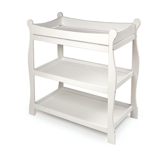 Badger Basket Sleigh Style Baby Changing Table - Nursery Diaper Station with Safety Rails, Foam Pad, and Two Storage Shelves - Nursery Organizer - White