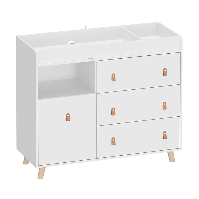 Baby Dresser Changing Table with Drawers,Shelf,Hidden Laundry Basket Storage,2 in 1 Nursery Dresser Chest for Infants, Baby Diaper Changing Station for Daycare,Bedroom,White