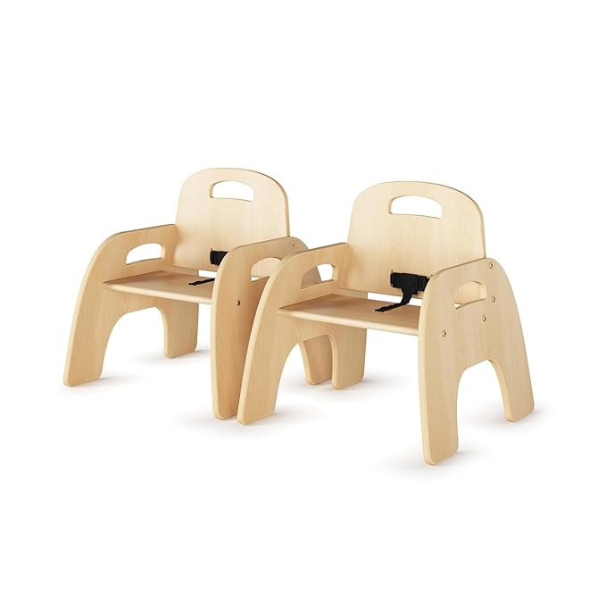Foundations Simple Sitter Low Wood Feeding Chairs Multipack, Wide No-Tip Base, Adjustable Safety Harness, Stackable Wood Toddler Chairs with Food Service Grade Finish, 2 Pack (11 inch)