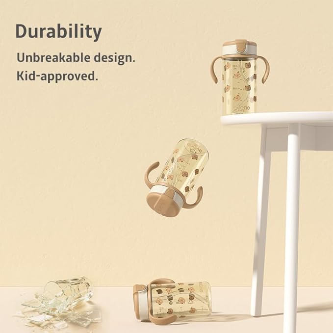 Evorie Tritan Spill Proof Toddler Straw Sippy Cup, 10 oz for Baby and Toddlers 1-3 Years Old, No Spill Straw Water Bottle with Removable Handles, Ideal for School, BPA-Free, Honey Bear