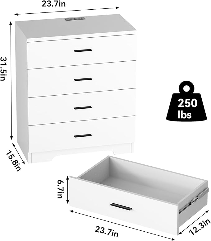 Dresser with Power Outlets Wooden 4 Drawer Dresser with USB and Type C Port Chest of Drawers for Bedroom Tall White Organizer Storage for Living Room Hallway Closet