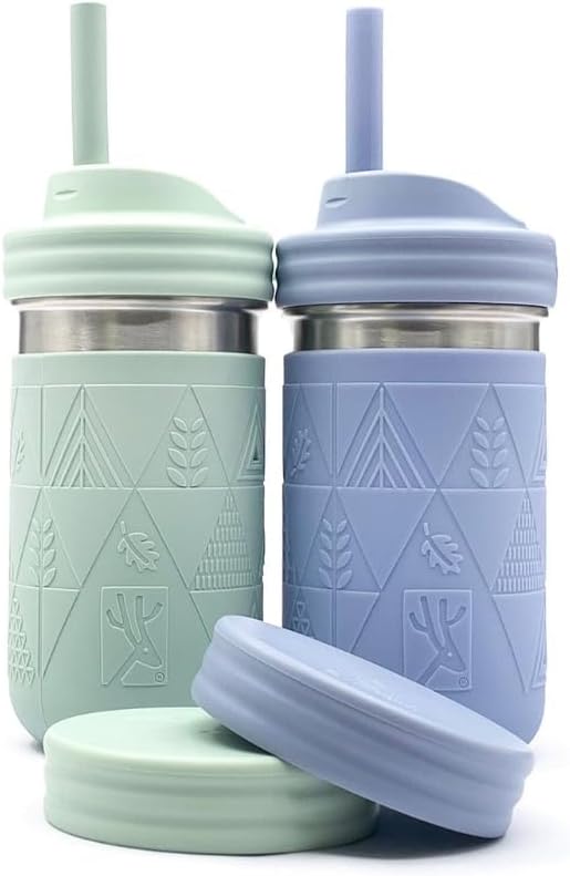 Elk and Friends 14oz Stainless Steel Kids + Toddler Drinking Cups | The Original Mason Jars with Lids + Sleeves + Straws | Smoothie Cups | Spill Resistant | Dishwasher Safe | 2 Pack