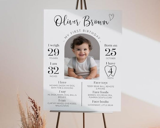 Personalized First Birthday Milestone Sign, Modern 1St Birthday Milestone Poster, One Year Of Baby Photo Milestone Board, Design 013