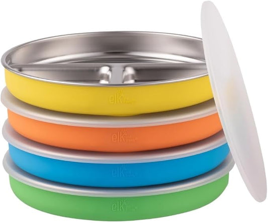 Elk and Friends Stainless Steel Divided Plates with Normal Sleeve for Babies & Toddlers | Lids Included Dinner & Snack Plates | 4 Pack
