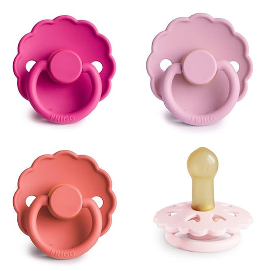 FRIGG Natural Rubber Baby Pacifier 4-Pack Rosy Romance | Made in Denmark | BPA-Free (6-18 Months)