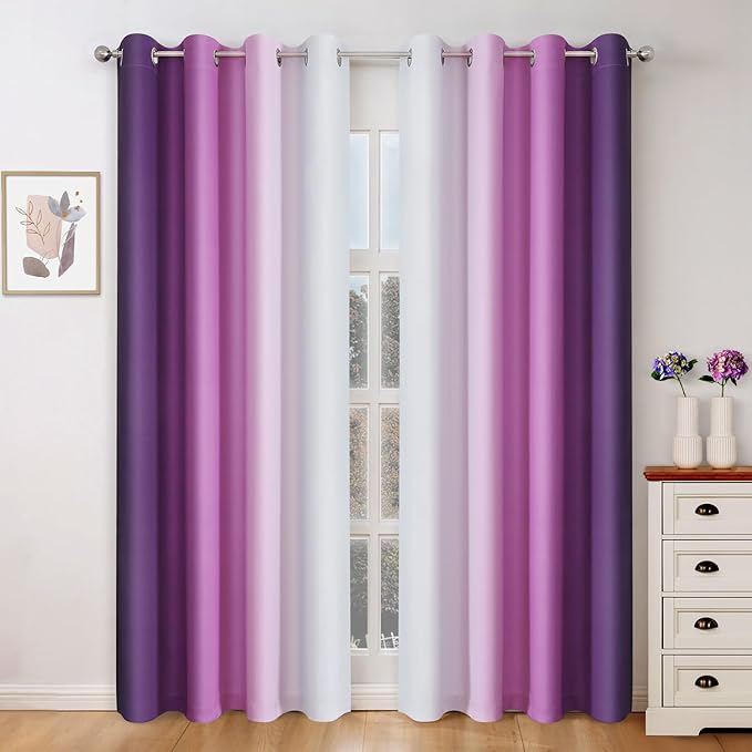 HOMEIDEAS Purple Ombre Blackout Curtains, 52 X 84 Inch Length Gradient Color Room Darkening Curtains with Grommet Thermal Insulated Window Drapes for Living Room, Bedroom, 2 Panels
