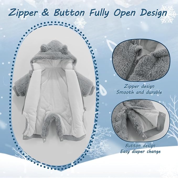 Newborn Baby Bear Outfit Suit Girls Boys Fleece Jumpsuit Romper Hooded Winter Snowsuit Clothes