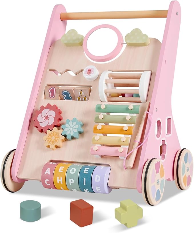 Wooden Baby Walker Wheels,Baby Push Walker for Babies 12 Months+ Montessori,Toddler Walker Push Toy Wooden Activity Walker for Boy,Walking Toys12 Months+ Learning to Walk