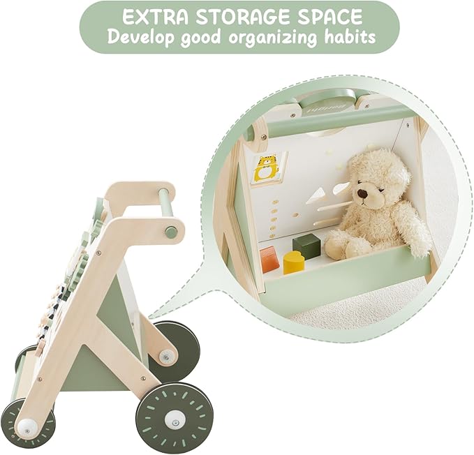 Beright Wooden Baby Walker with Roller Upgraded, Push and Pull Learning Activity Walker, Multi-Functional Kids’ Activity Toys, Develops Motor Skills & Stimulates Creativity, Green