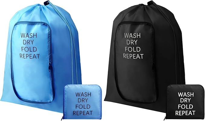 2 Pcs Travel Laundry Bag Washable Dirty Clothes Bag with Drawstring and Zipper for Suitcase, 22 x 18 Inch (Black, Blue,Classic)