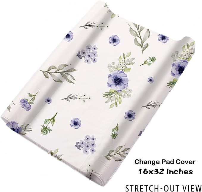 Personalized Baby Crib Bedding Set for Baby Girls, Purple Flower Pattern Elephant Theme Custom Name Baby Crib Sets 5-Pcs, Toddler Double Layer Blanket Fitted Sheets Changing Pad Cover Rug Wall Art Set