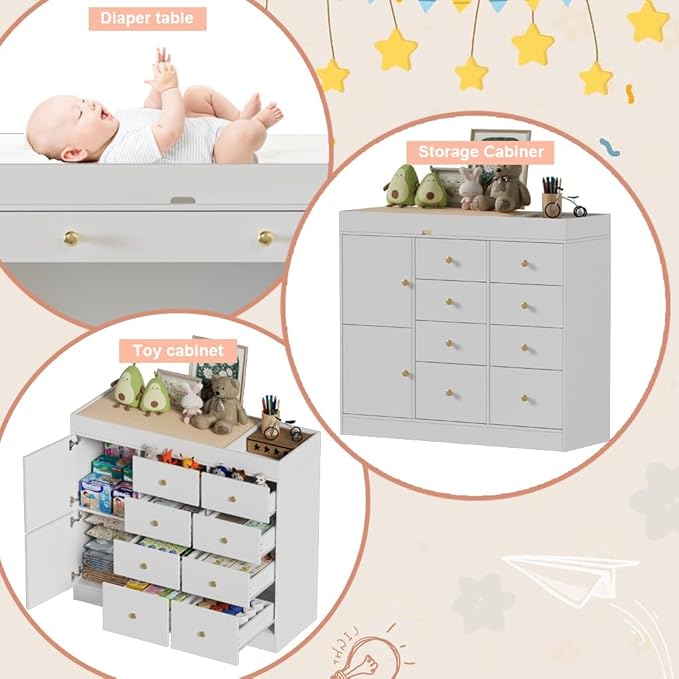 Changing Table Dresser with Drawers,Modern Baby Dresser with Changing Table Top for Nursery,Diaper Changing Station Organizer for Infants Newborn,White