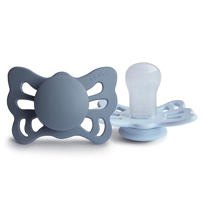 FRIGG Butterfly Anatomical SilkySoft Silicone Baby Pacifier | Made in Denmark | BPA-Free (Slate/Powder Blue, 0-6 Months)