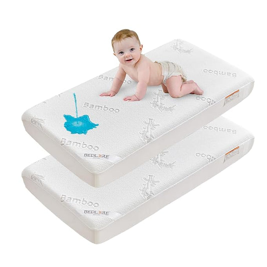 BEDLORE Waterproof Crib Mattress Protector 2 Pack, Ultra Soft Bamboo Viscose Crib Mattress Pad Cover, Noiseless Toddler Mattress Protector for Standard Baby Bed Size 52''x28'', White