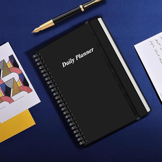 Daily Planner Undated - A5 To Do List Notebook Hourly Schedules, Spiral Appointment Planner for Women and Men, PVC Hardcover, Inner Pocket, Elastic Closure, 5.8" x 8.3", Black