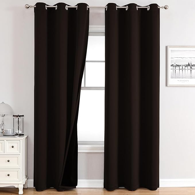 ChrisDowa 100% Blackout Curtains for Bedroom with Black Liner, 2 Thick Layers Total Blackout Thermal Insulated Grommet Window Curtains 2 Panels Set (Brown, 42 x 84 Inch)