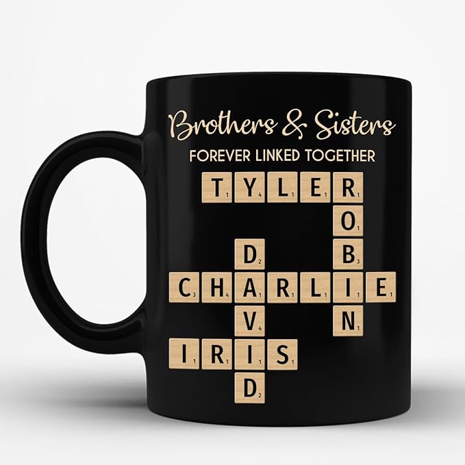 Family Puzzle Mug - Brothers & Sisters Forever Linked Together - Personalized For Family, Sister, Brother, Siblings - Scrabble Coffee Mug - Gifts For Christmas, Birthday, Anniversary