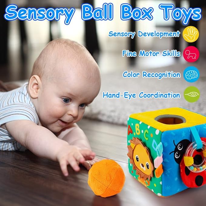 beetoy Sensory Busy Cube for Baby, Montessori Infant Toys with Textured Sensory Balls, Early Learning Travel Toys for Fine Motor Skills, Perfect Newborn Boy and Girl Gift