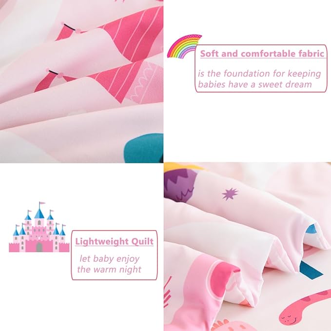PERFEMET 4 Pieces Girls Toddler Bedding Set Pink Castle Fairy Tales Toddler Comforter Set Reversible Colorful Rainbow Princess Printed Toddler Bed Set with Sheets(Pink, Castle)