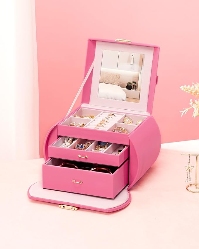 Homde Girls Jewelry Box Jewelry Storage Case Organizer with Mirror for Rings, Earrings, Bracelets, Necklaces (Pink + Gold)