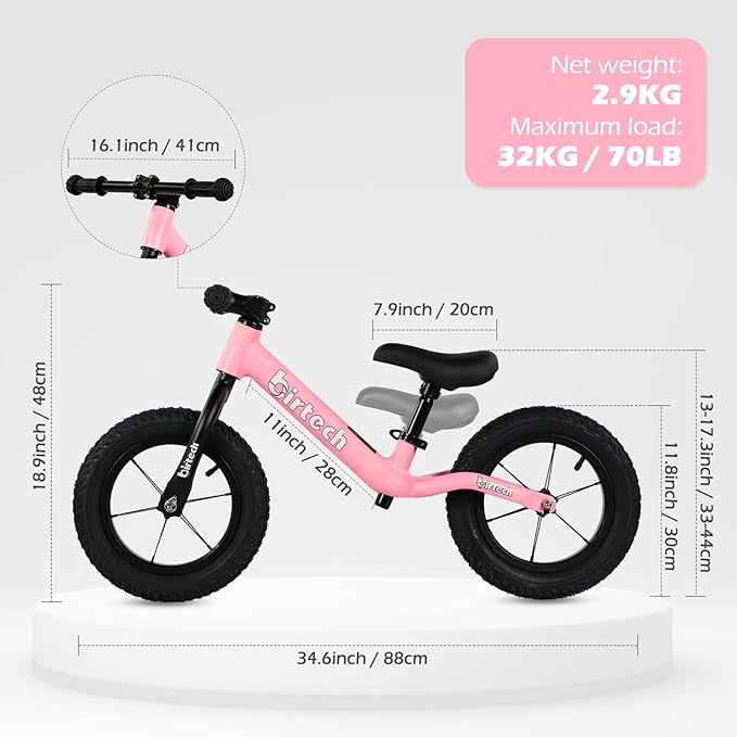 12" Balance Bike for 2, 3, 4, 5 Year Old Boys and Girls, Lightweight Nylon Frame Toddler Training Bike No Pedal Bikes for Kids with Adjustable Seat and Air Tires