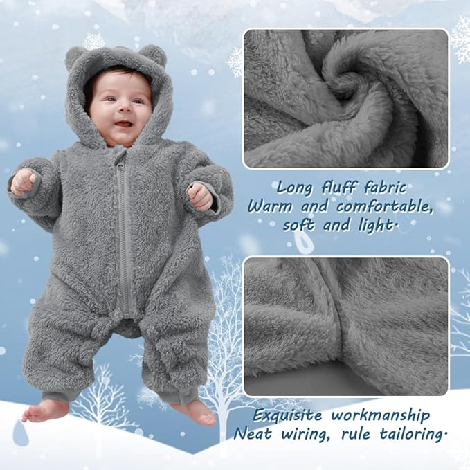 Newborn Baby Bear Outfit Suit Girls Boys Fleece Jumpsuit Romper Hooded Winter Snowsuit Clothes