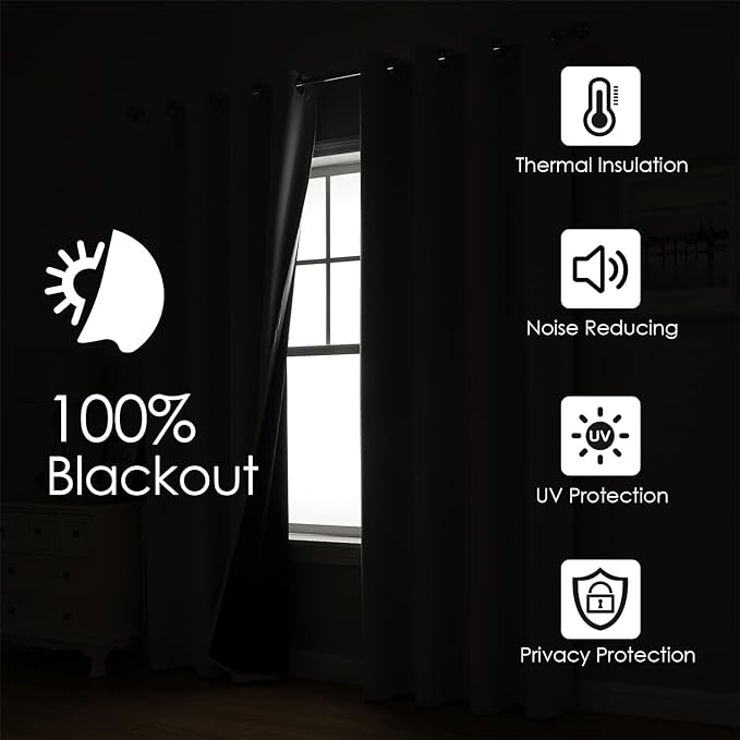 ChrisDowa 100% Blackout Curtains for Bedroom with Black Liner, 2 Thick Layers Total Blackout Thermal Insulated Grommet Window Curtains 2 Panels Set (Greyish White, 52 x 84 Inch)