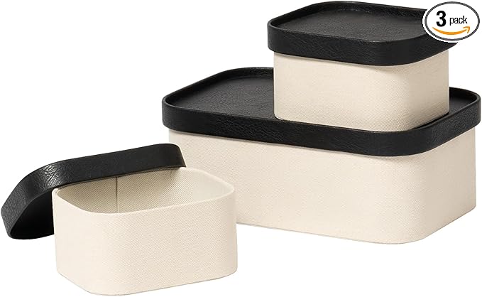 LA JOLIE MUSE Fluted Cardboard Storage Baskets with Leather-Like Lids, Sturdy Stackable Paper Boxes Decorative Tray, Black & Beige, Set of 3