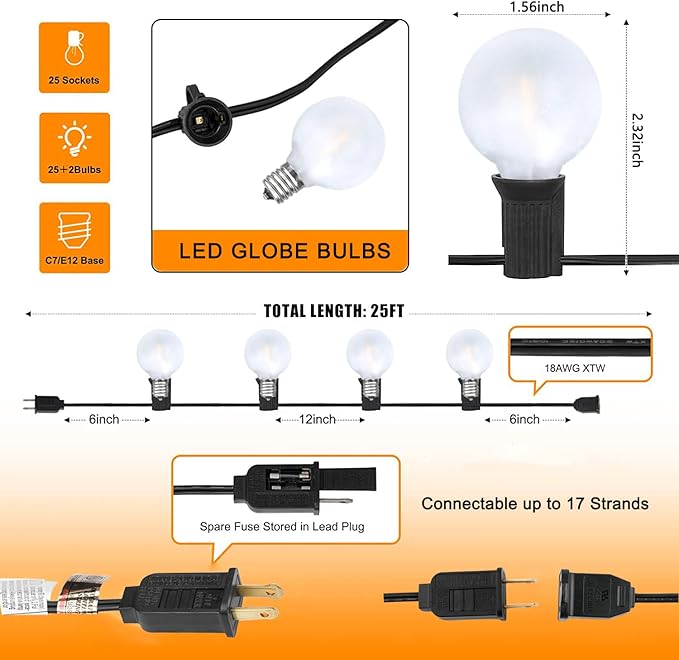 LED Outdoor String Lights 25Ft G40 Frosted White Globe Patio Lights Waterproof with 27 Shatterproof LED Bulbs, Hanging Outdoor Christmas Decorations Lights for Backyard Bistro Wedding Party Garden